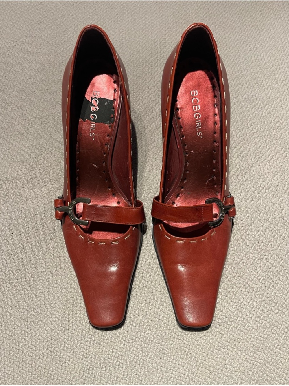 BCBGirls Red Leather Square-Toe Heels with Buckle Strap